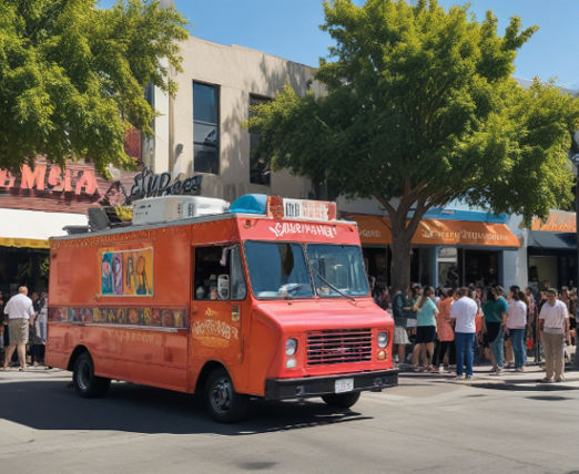 A busy food truck parked on a lively street, customers eagerly queueing for orders.