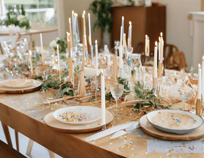 A wooden dining table adorned with celebratory dishes and gleaming silverware, remnants of a christening feast surrounded by scattered confetti and joyful conversation echoes.