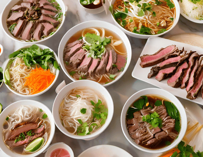 An array of delicious dishes from Milpitas eateries, showcasing Vietnamese pho and sizzling steaks.