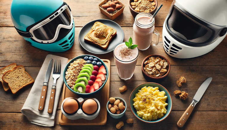 A wooden table displaying pre-skydiving foods like oatmeal, a smoothie, eggs, toast, and nuts. A skydiving helmet and goggles in the background hint at the adventure theme.