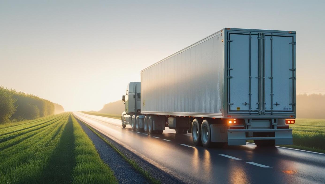 Modern reefer truck driving through morning fog on highway beside green fields.
