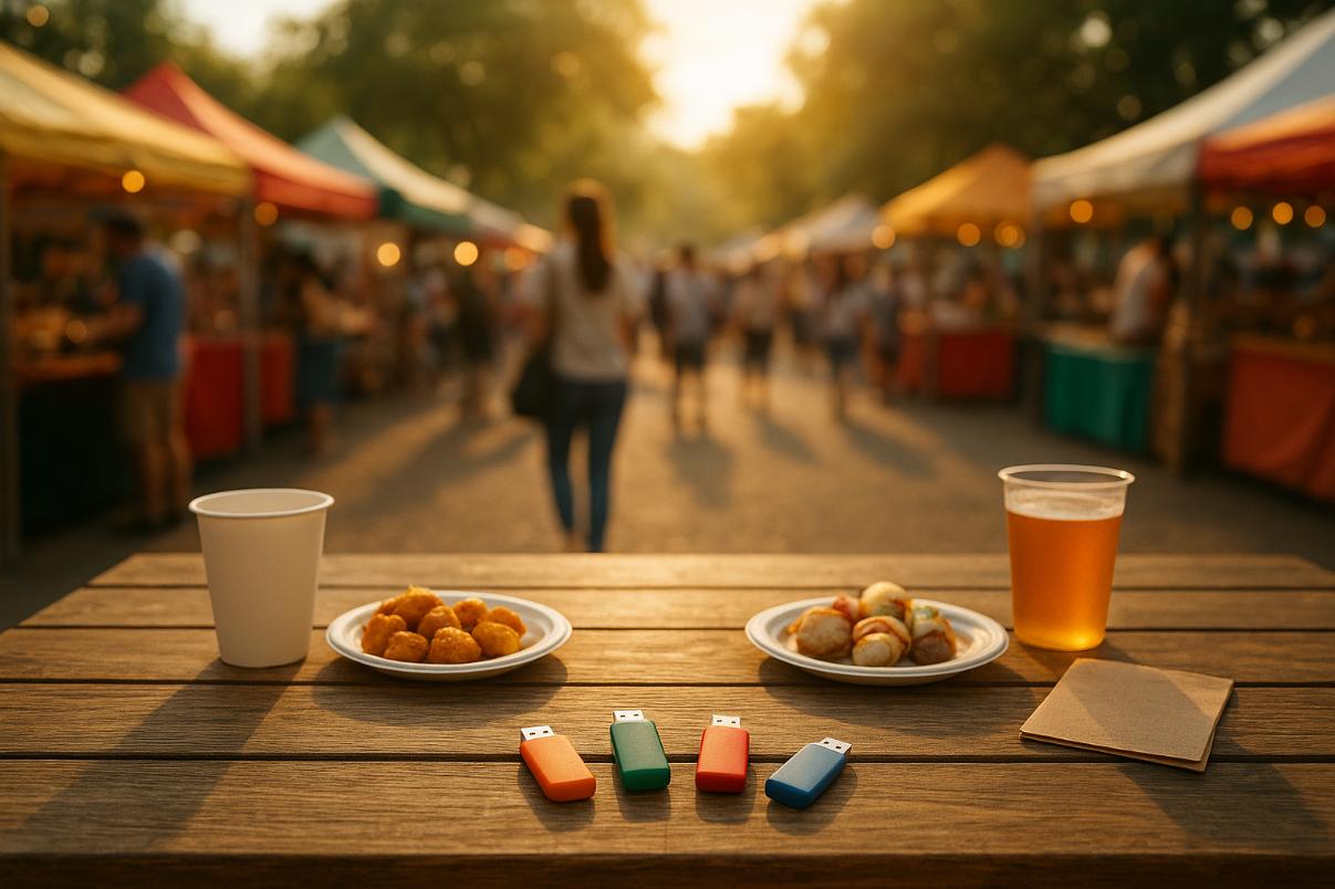 A wooden table at a sunny outdoor food market displaying colorful USB drives beside plates of snacks and drinks, with blurred festival tents and people in the background.