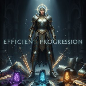 Teaser image of a high-level Diablo 2 Resurrected character surrounded by rare items and glowing runes, showing efficient progression.