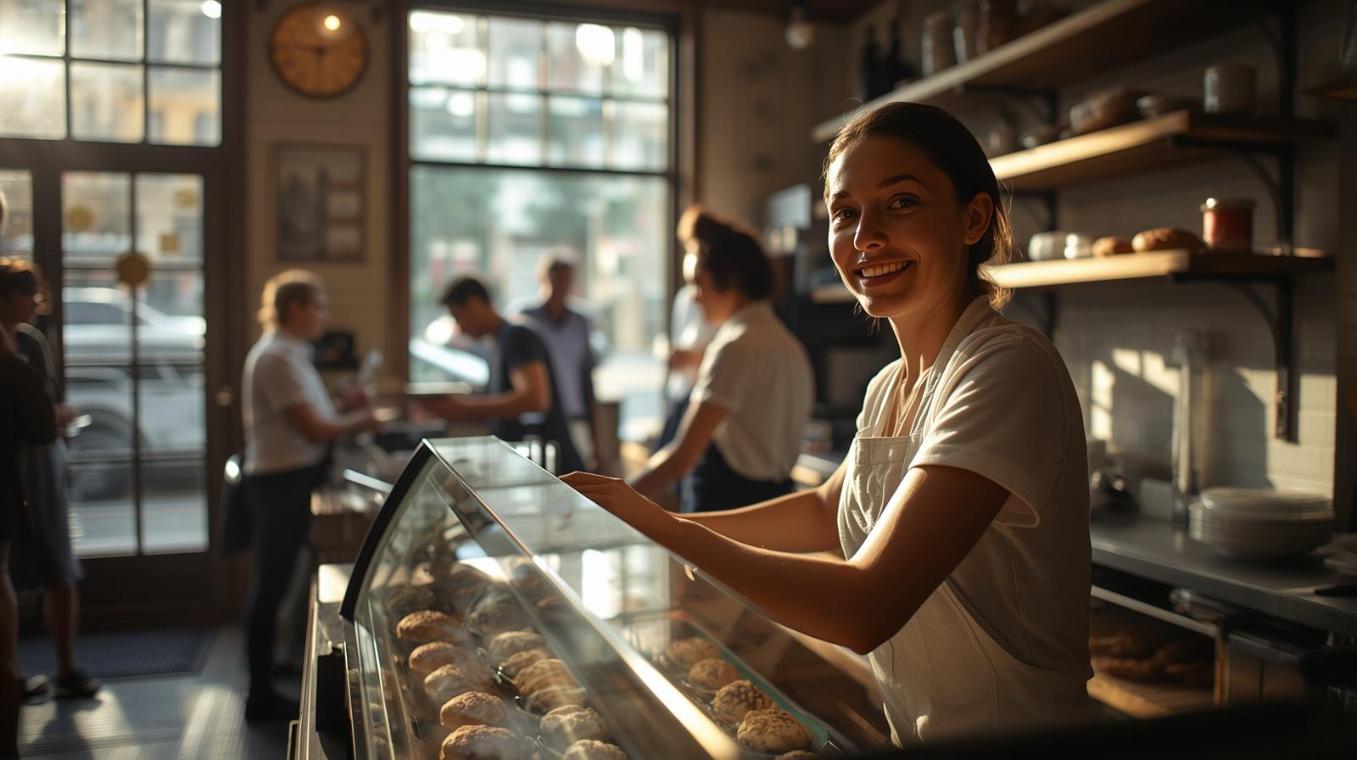 Warm bakery atmosphere welcomes morning customers inside bright neighborhood pastry shop peacefully.